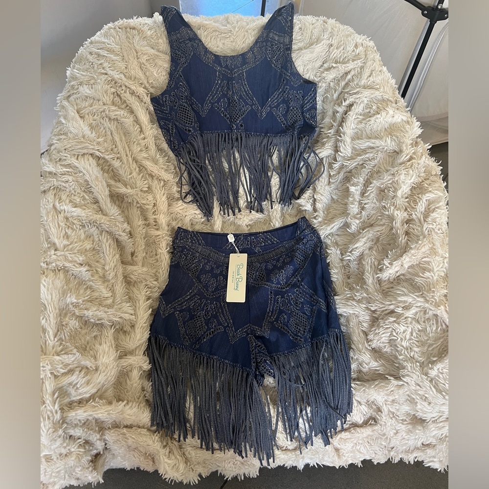 Beach bunny cover up with embroidery and fringe detail